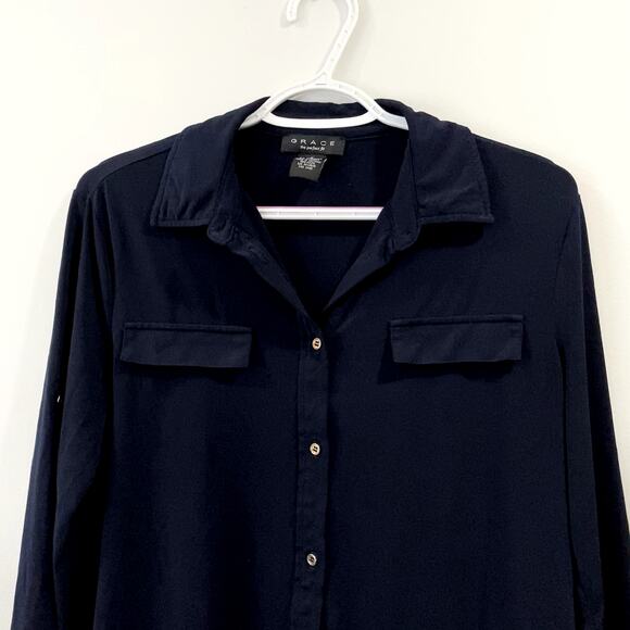 Grace Navy Blue Button Down Shirt Three Quarter Sleeve Size S - Picture 4 of 6